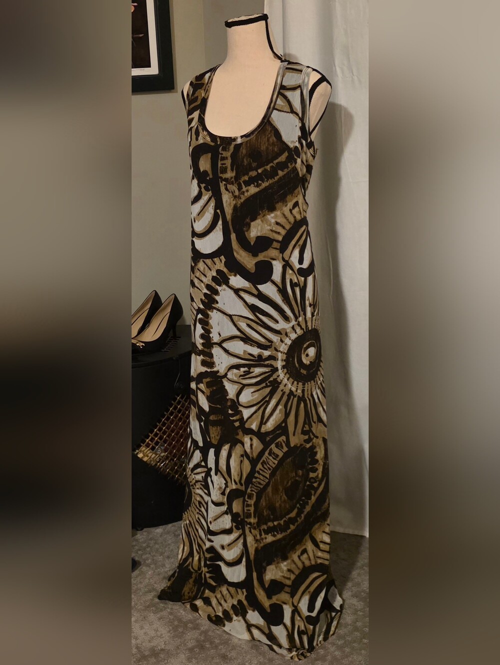 Karen Kane Brown, Black and Cream Floral Print Maxi Dress